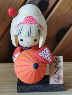 Vintage Japanese Kokeshi Doll Girl with Umbrella Wooden Hand Painted Figurine